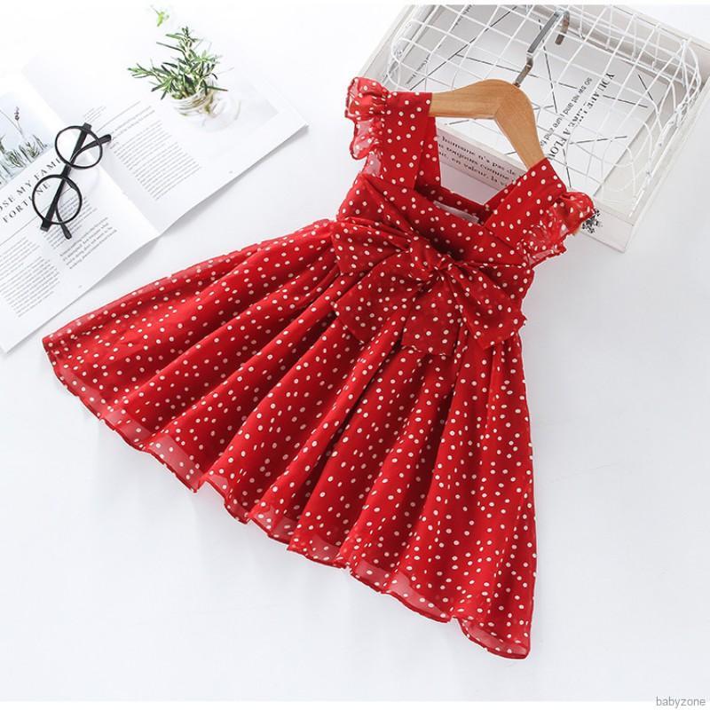 Đầm Chiffon Chấm Bi Đỏ Cho Bé Gái