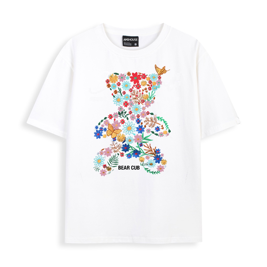 Áo thun tay lỡ AMIHOUSE gấu hoa unisex