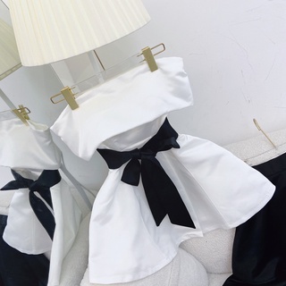 Set đầm trắng ống lật thắt nơ đen + chân váy tầng đen angi home