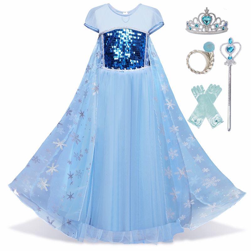 Đầm Công Chúa Elsa Dài Tay Màu Xanh Dương Đính Kim Sa Lấp Lánh Thanh Lịch Cho Bé Gái