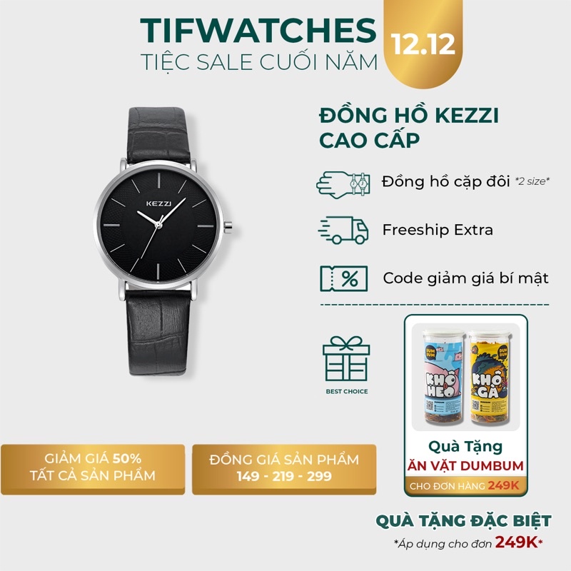 Đồng hồ cặp nam nữ cao cấp KEZZI CLASSIC đen đồng hồ dây da thời trang chính hãng Watchesbytif size 32mm 40mm