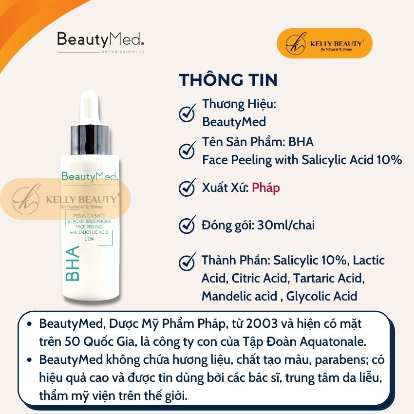 Peel Da BHA 10% BeautyMed - Giảm &amp; Ngừa Mụn; Mờ Thâm, Đều Màu Da; Tẩy Tế Bào Chết, Sạch LCL | Kelly Beauty