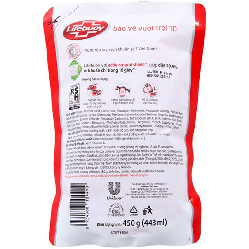 Nước Rửa Tay Lifebuoy Bảo Vệ Vượt Trội Dạng Túi 450g