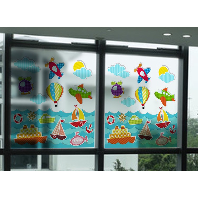 Decal dán kính cao cấp - Tàu , thuyền , máy bay và khinh khí cầu đầy màu sắc ( 58x60cm )