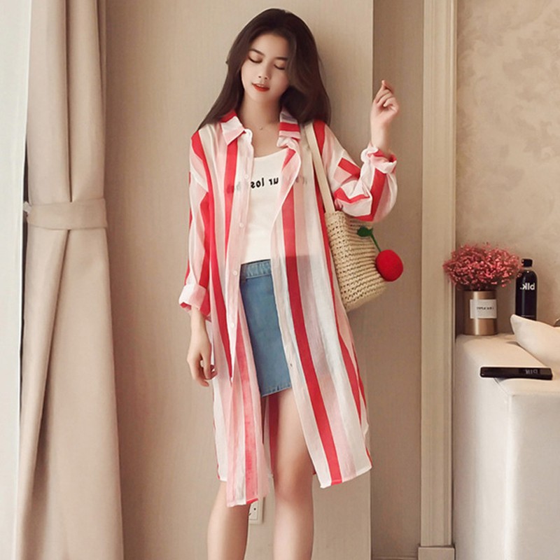 FREESHIP ĐƠN 99K_ Áo sơ mi dài đến gối kẻ sọc thời trang phong cách dành cho nữ | BigBuy360 - bigbuy360.vn