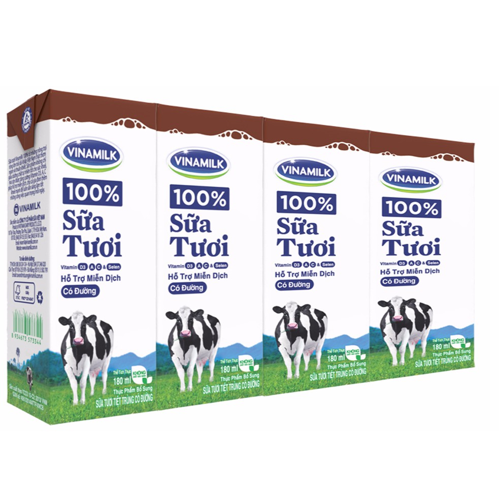 Sữa tươi tiệt trùng Vinamilk hương Dâu/ Có đường/ Socola hộp 180ml (4 hộp)