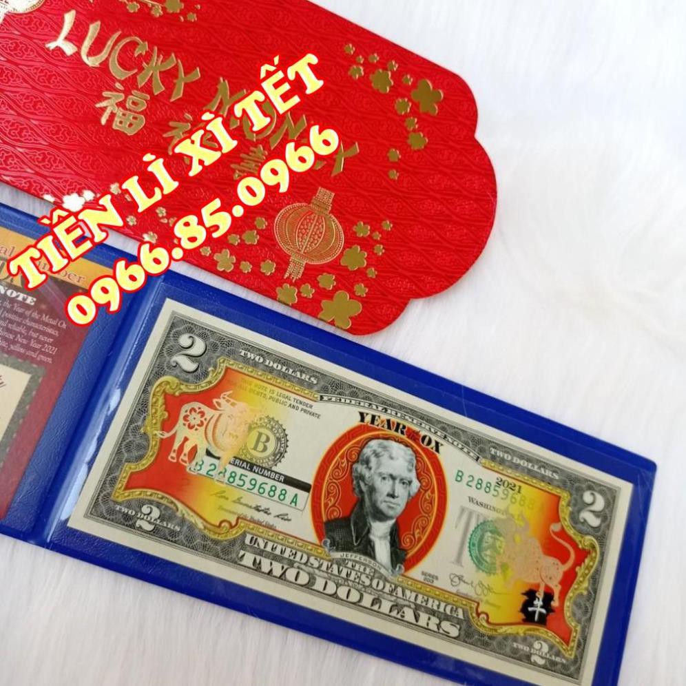 Tờ 2 USD Mạ Vàng Hình Con Trâu 2021 Mỹ, Tiền Lì Xì Hình Con Trâu 2021
