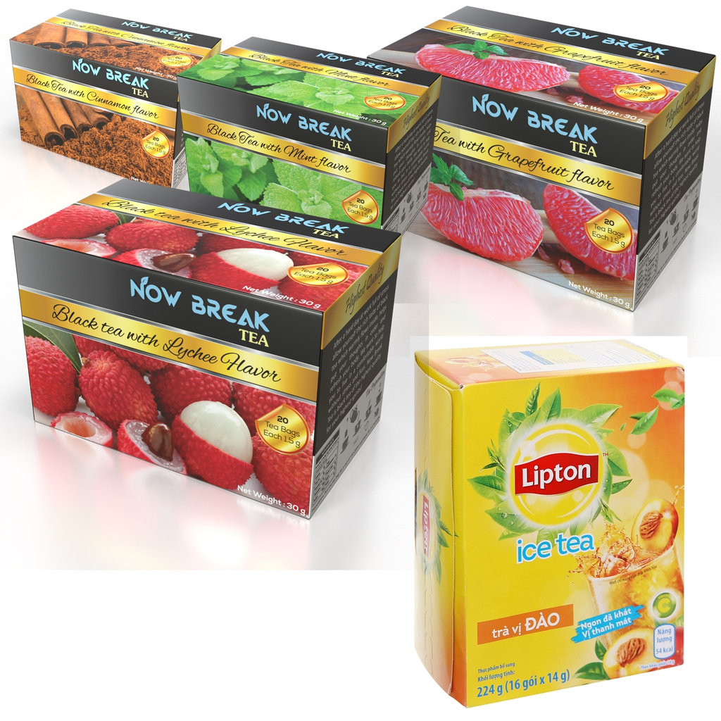 Trà Hòa Tan Lipton Vị Đào (16 Góix14g = 224G) + 20 túi trà túi lọc Now Break Tea (5 gói lẻ x VẢI, BƯỞI, BẠC HÀ, QUẾ)