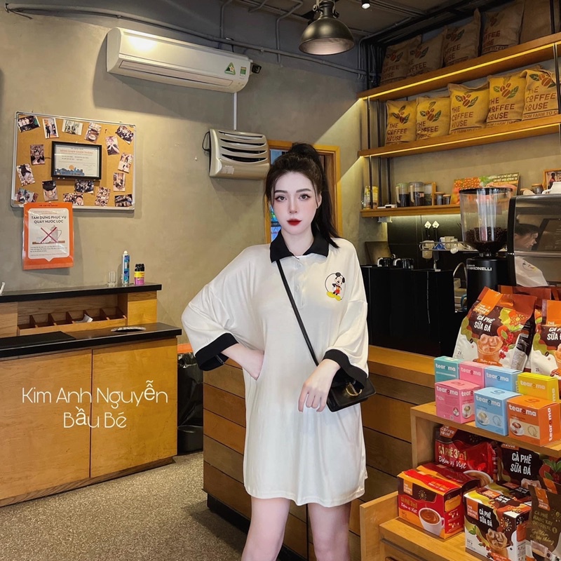 Áo Polo Cổ Bẻ Chuột Mickey Dáng Thụng Tay Lỡ