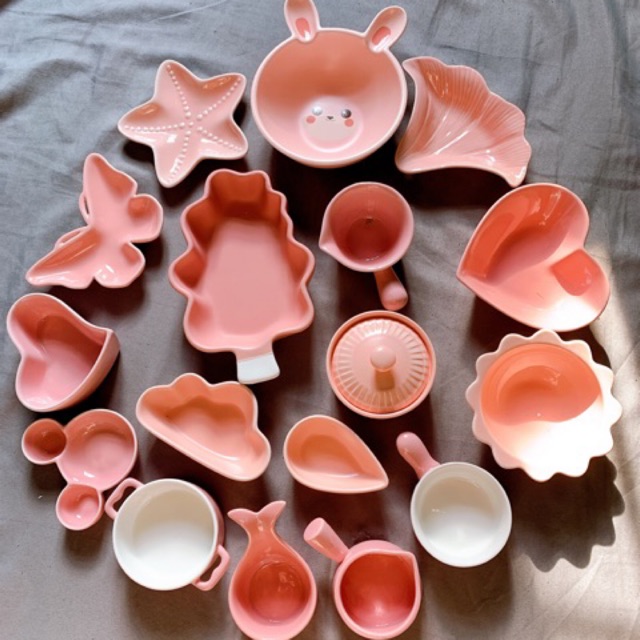 Nồi bát chén sứ ăn dặm màu hồng cho bé