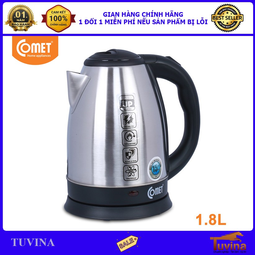 Ấm Đun Nước Siêu Tốc Inox Comet 1.8 Lít CM8219 - Hàng Chính Hãng (Bảo Hành 12 Tháng)