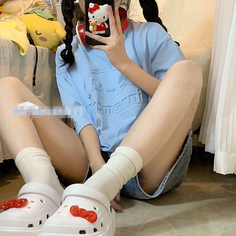 Áo Thun Tay Ngắn Cổ Tròn Dáng Rộng Dập Nổi Họa Tiết Dễ Thương Phong Cách Nhật Bản Thời Trang Mùa Hè
