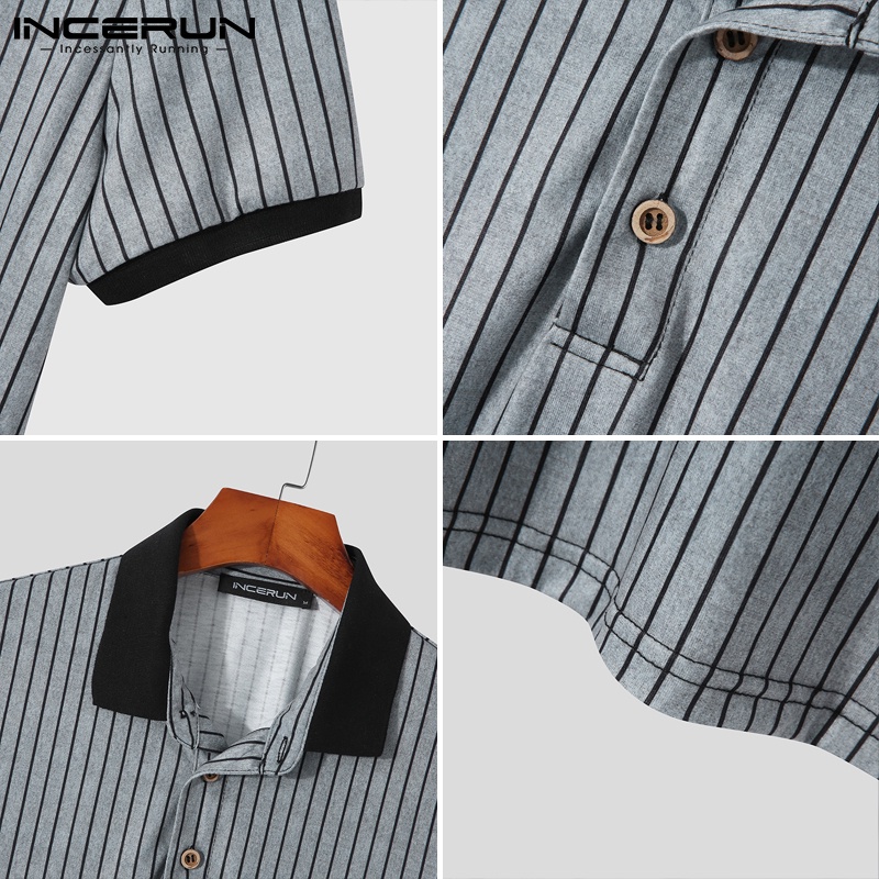 INCERUN Áo Thun Polo Ngắn Tay Thoải Mái Họa Tiết Kẻ Sọc Thời Trang Mùa Hè Cho Nam