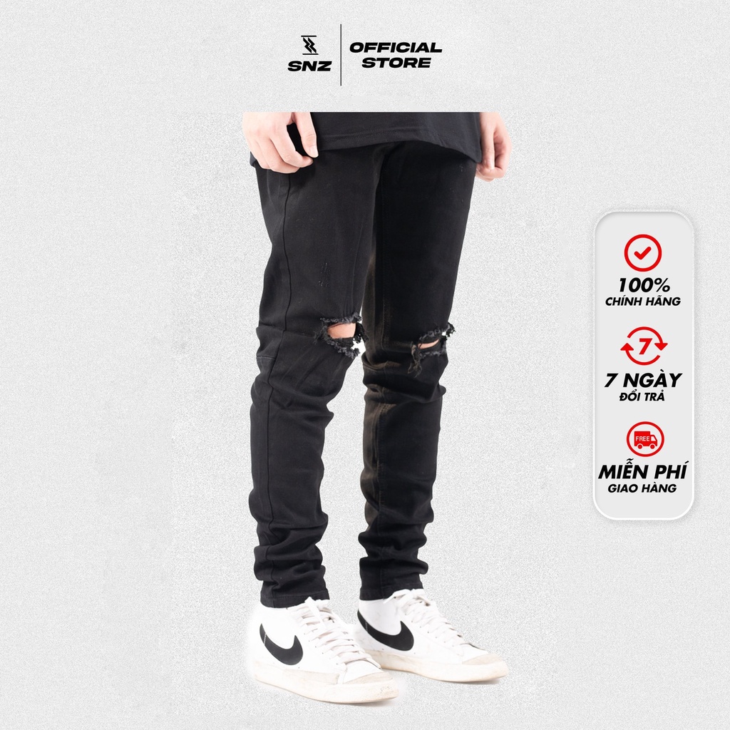Quần jeans nam SNAZZY vải bò denim màu đen rách gối co giãn form slimfit DISTRESS BLACK !
