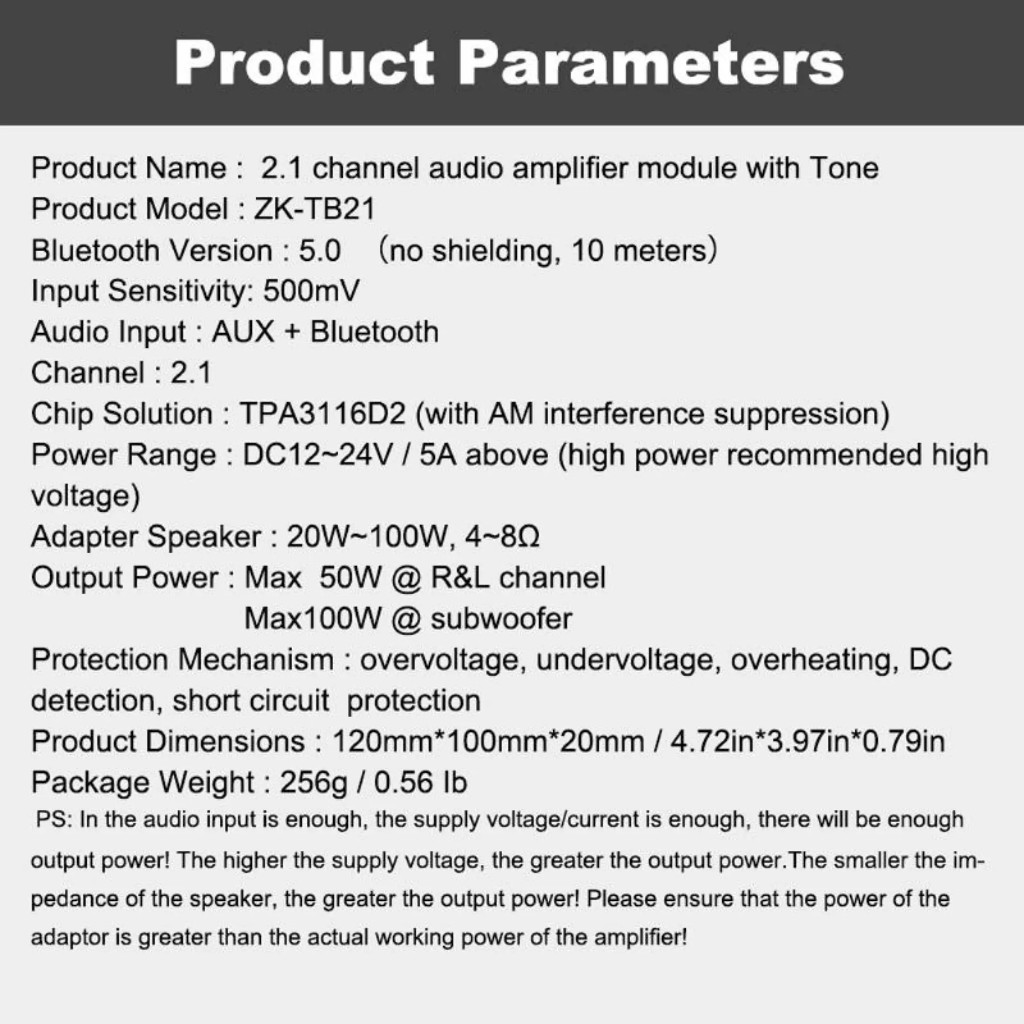 Bảng khuếch đại loa siêu trầm bluetooth 5.0 tpa3116d2 amp âm thanh nổi công suất 50w x 2 + 100w 2.1 kênh ZK-TB21