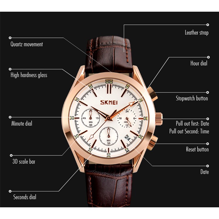 Đồng hồ nam SKMEI chạy 6 kim có lịch dây da cao cấp hàng chính hãng SM39 -Gozid.watches