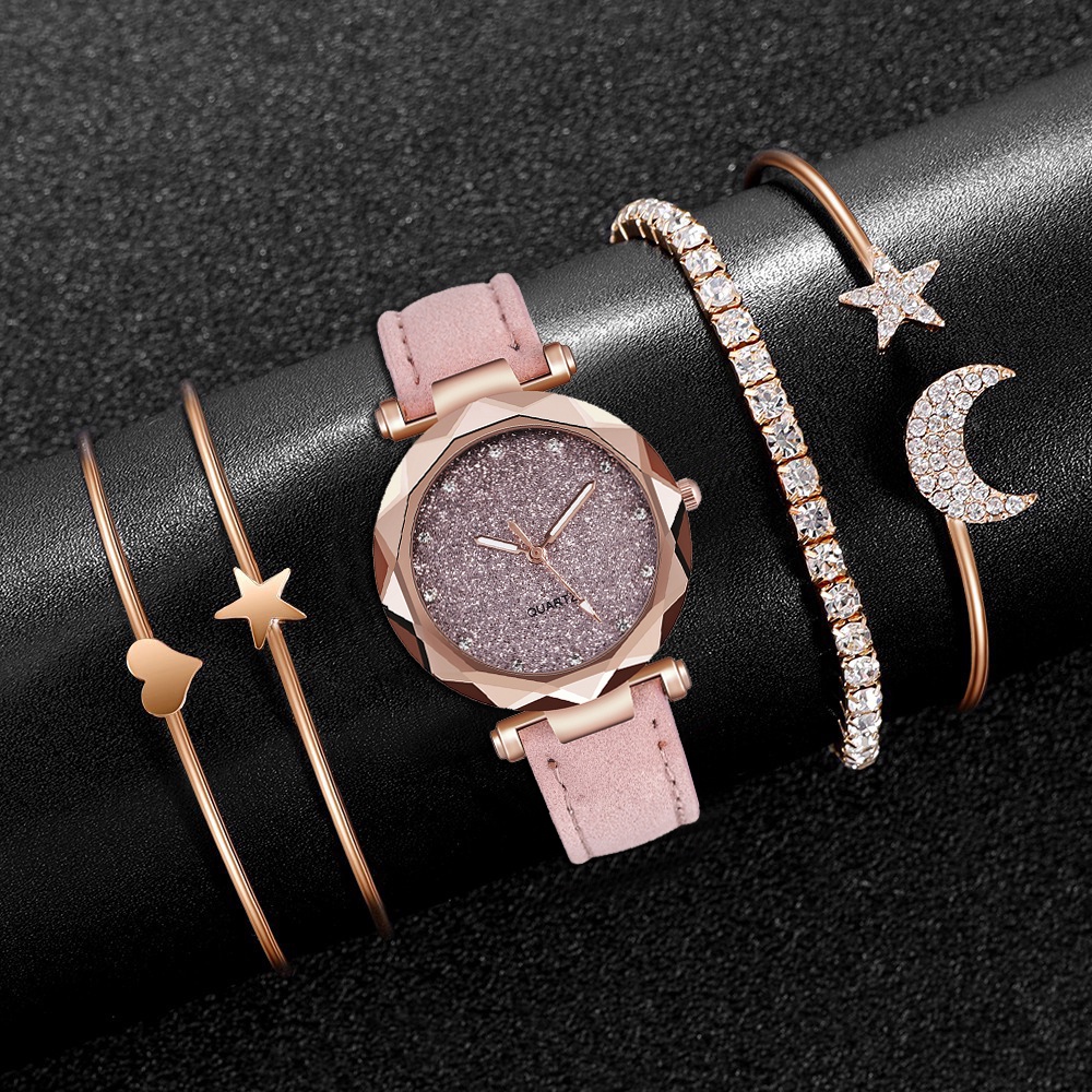 Đồng hồ nữ + 4 chiếc Vòng đeo tay / Đồng hồ thạch anh tương tự dành cho nữ Đồng hồ nữ dây da thông thường