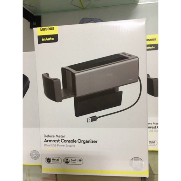 (HOT) Ngăn đựng đồ khe ghế ô tô metal khay cốc và 2 cổng Usb Baseus