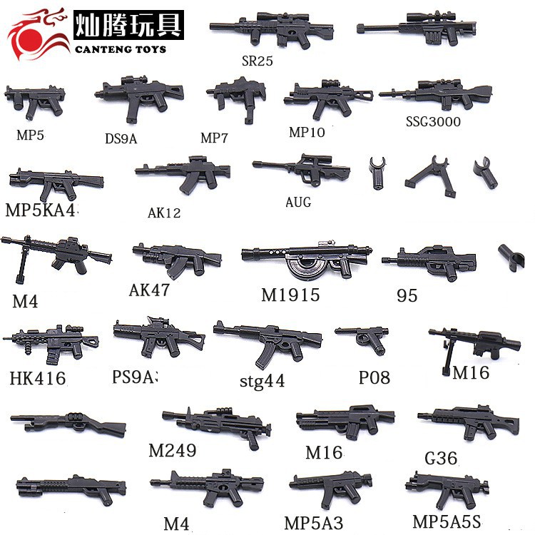 Đồ Chơi Vỉ Vũ Khí Các Mẫu Súng Mới Nhất NO.407 M1915 MP5 MP7 MP10 AK47 SR25 HK416 - Phụ Kiện Army