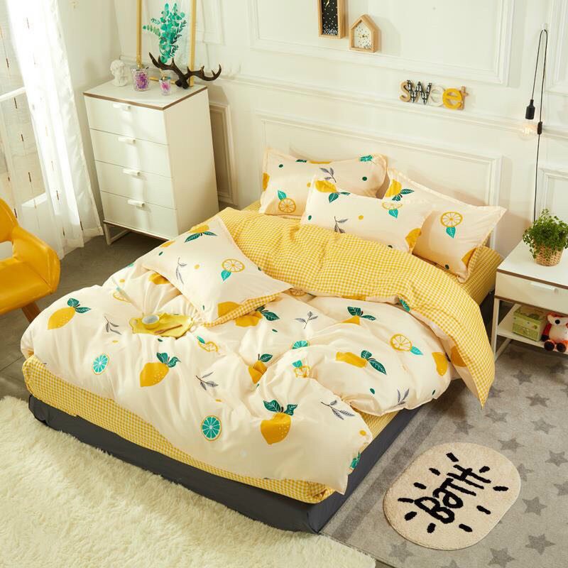 Bộ chăn ga gối drap giường chất cotton poly họa tiết chanh vàng nền kem