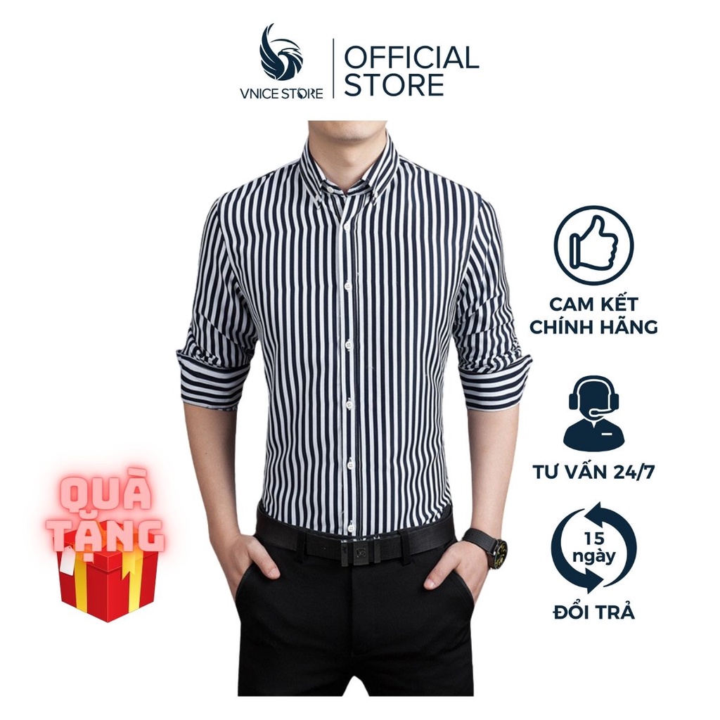 Áo Sơ Mi Nam Kẻ Sọc Lịch Lãm, Sang Trọng, Vải Xuất Mát Mịn Không Nhăn Không Bai Xù  VNICESTORE