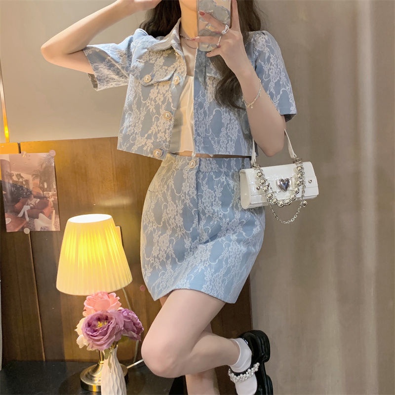 Set Áo Sơ Mi Ngắn Tay + Chân Váy Jeans Chữ A Thời Trang Cho Nữ