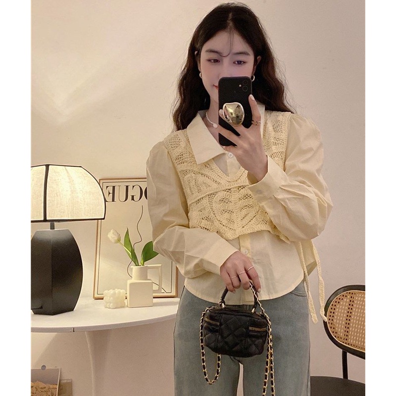 Set Áo Sơ Mi polo Tay Dài Dáng Rộng Màu Trơn Phối Áo Lưới Không Tay Thời Trang Hàn Quốc Cho Nữ