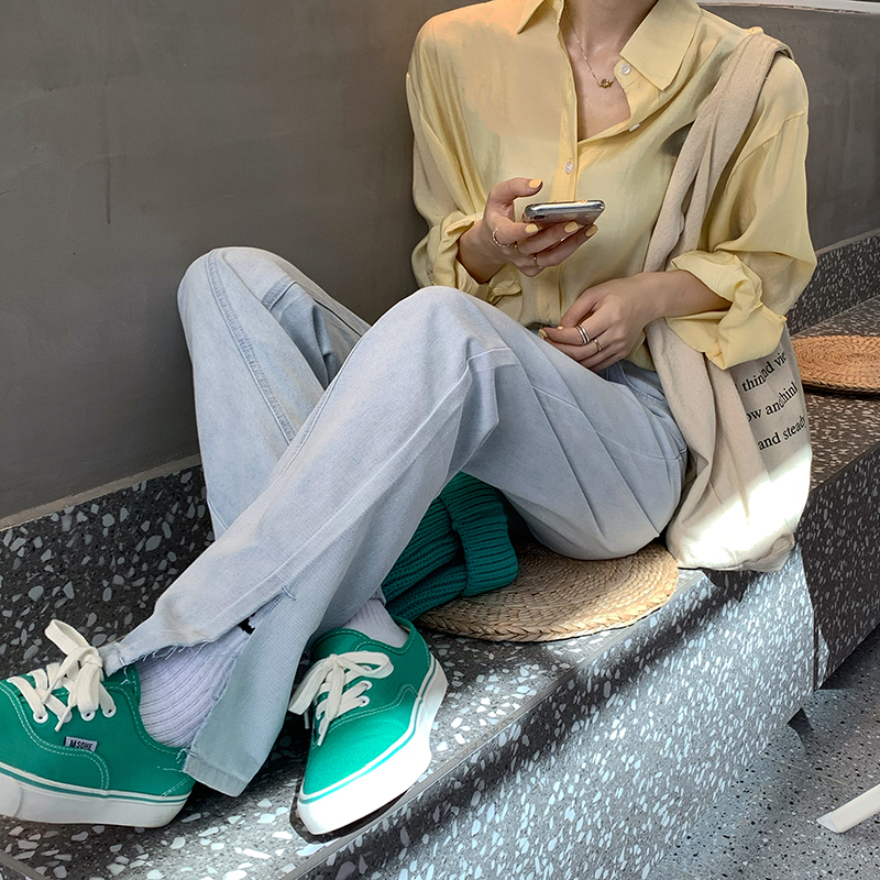 Quần Denim Nữ Lưng Cao Ống Rộng Xẻ Tà Thời Trang