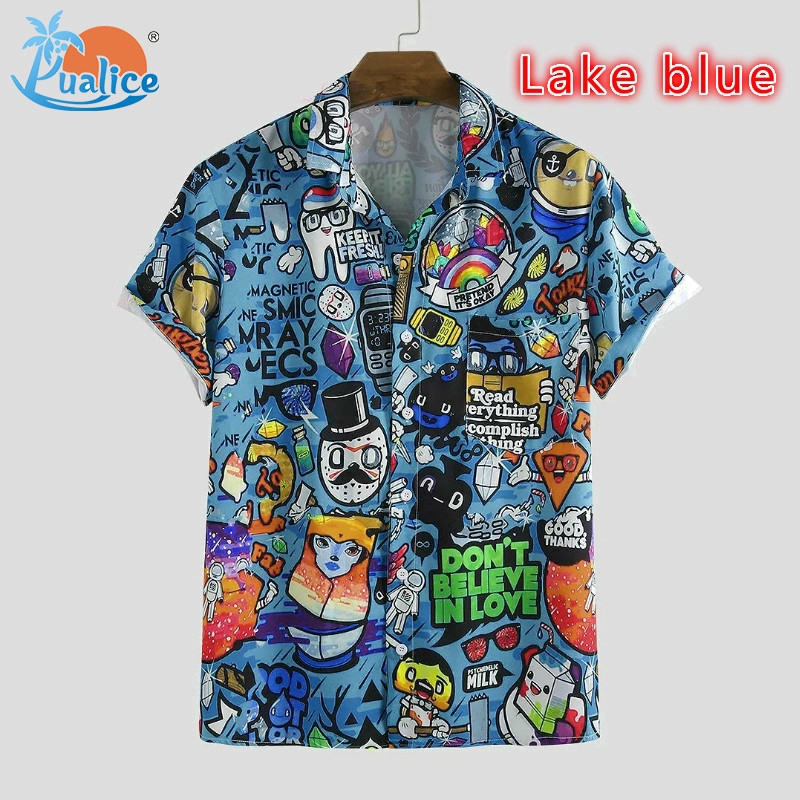 Áo sơ mi tay ngắn cổ bẻ thời trang nam chủ đề hoạt hình màu Graffiti | BigBuy360 - bigbuy360.vn