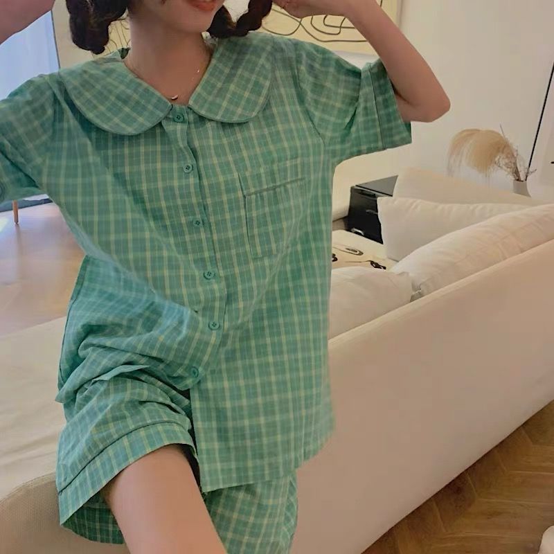 Bộ Đồ Ngủ Cotton Ngắn Tay Họa Tiết Ca Rô Phong Cách Hàn Quốc Thời Trang Cho Nữ