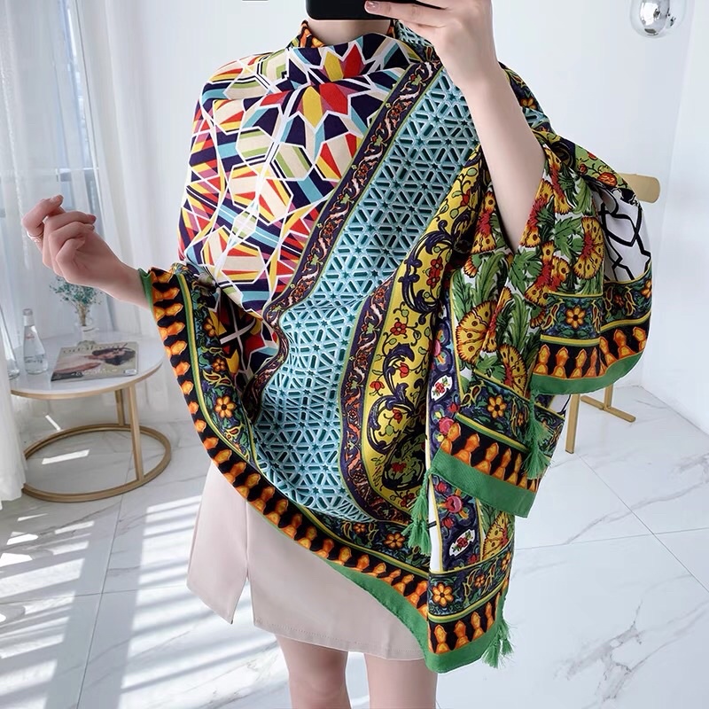 Khăn Quàng Đi Biển Boho Vintage Hoạ Tiết Xanh Nhẹ Nhàng Che Nắng Tốt