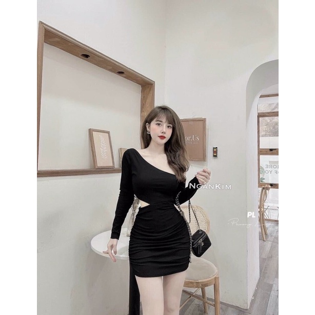Đầm body nhún ngực rút đùi trắng đen xinh xắn PC