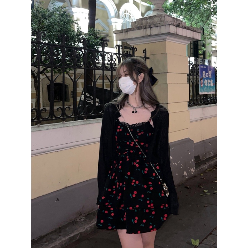 Set Đầm Hai Dây Họa Tiết Trái Cherry + Áo Khoác Cardigan Mỏng Chống Nắng Dành Cho Nữ