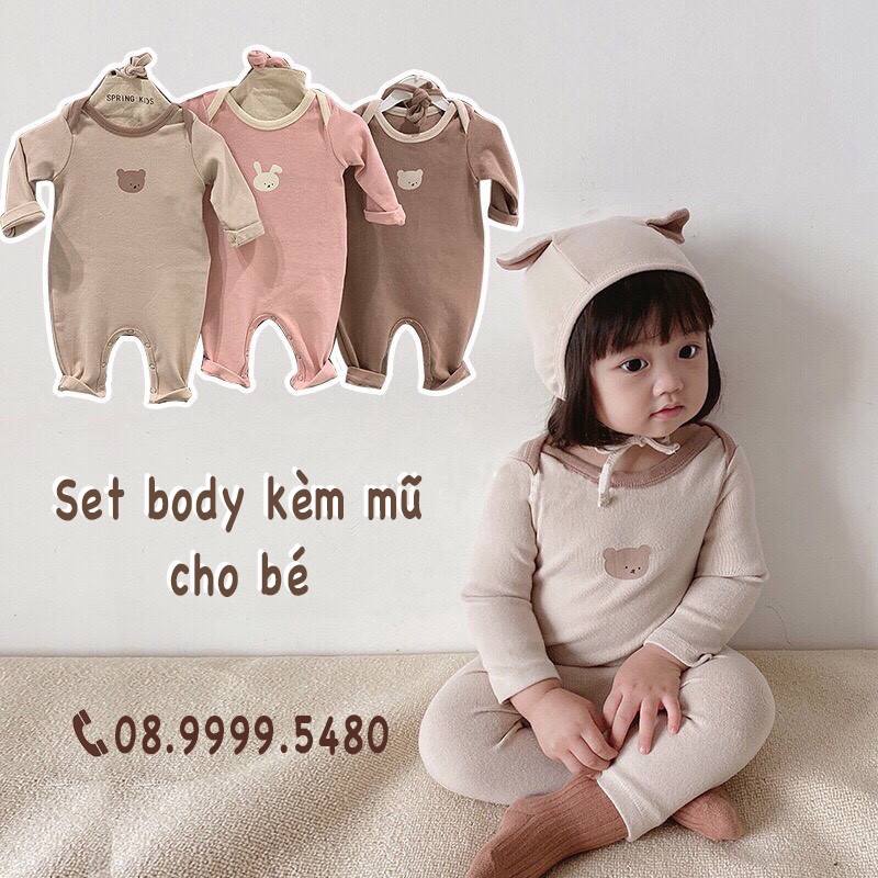 Bộ Quần Áo Bodysuit Cho Bé Trai Bé Gái Tuổi Họa Tiết Hình Gấu Đáng Yêu Chất Cotton Dày Dặn Mềm Mịn (Kèm Mũ)