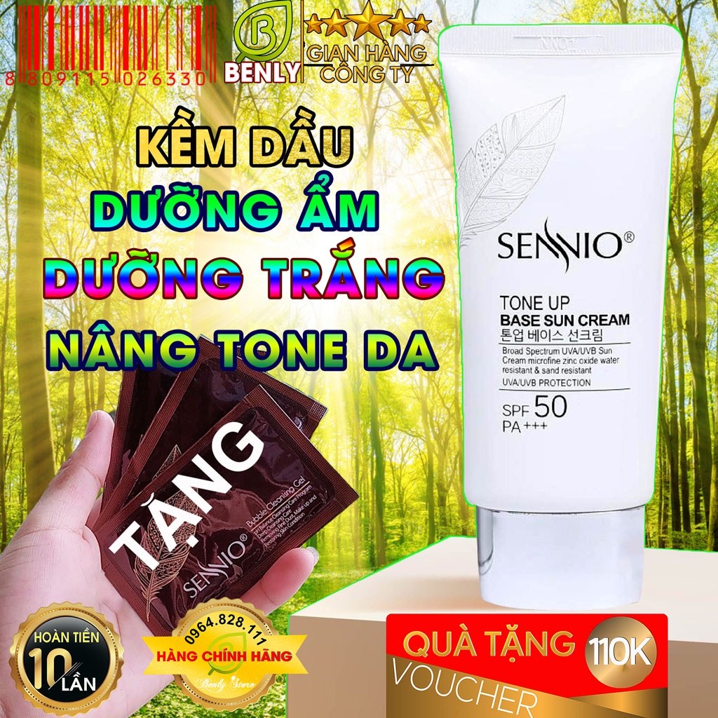 Kem chống nắng hàn HOT Ticktok SENNIO, dùng cho da mặt và body. Kcn kềm dầu, nâng tone và dưỡng trắng da sau đi nắng