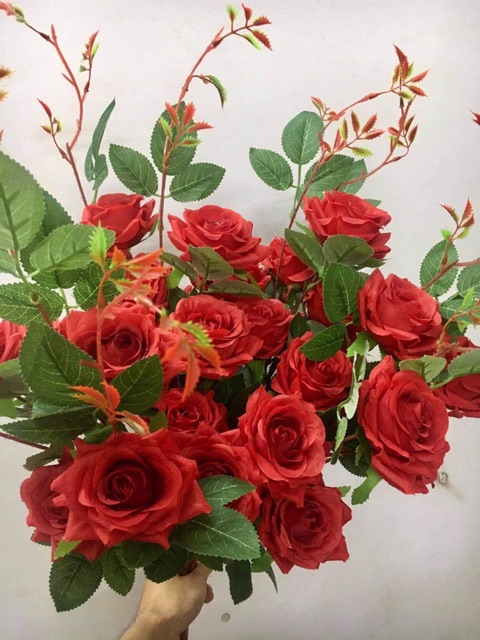 Hoa hồng giả - hoa hồng pháp vải lụa cao cấp cành 3 bông lớn