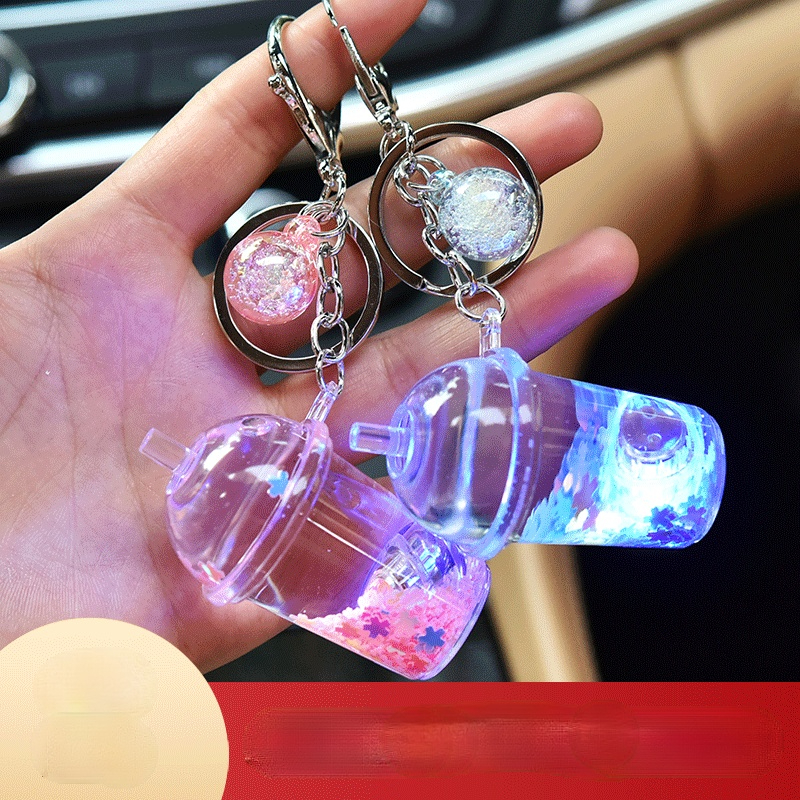 Creative Cartoon Personality Cute Milk Tea Cup with Light Oil Keychain Quicksand Flashing Light Acrylic Pendant