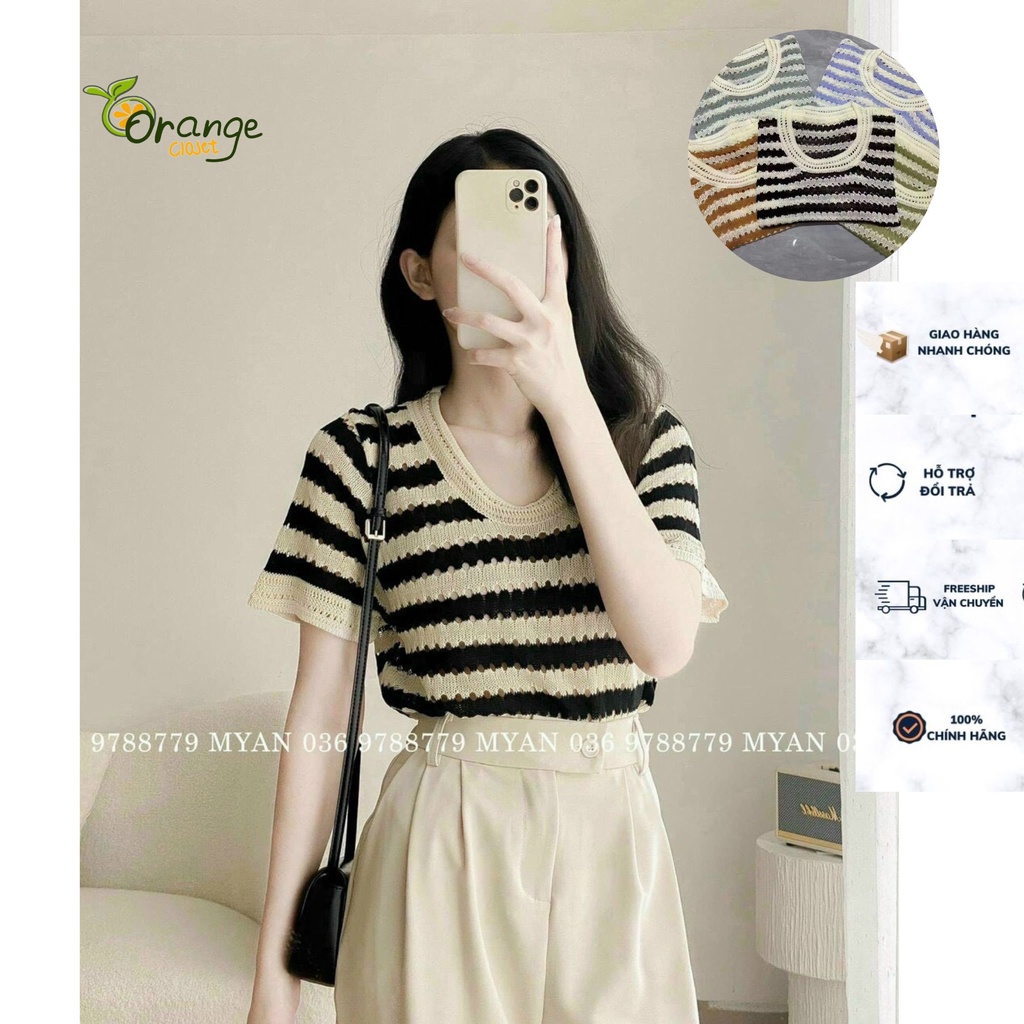 Len Mongtoghi Kẻ Sọc Tay Ngắn Cổ Tròn Phong Cách Hàn Quốc Áo Len Quảng Châu Loại 1 ALSTN