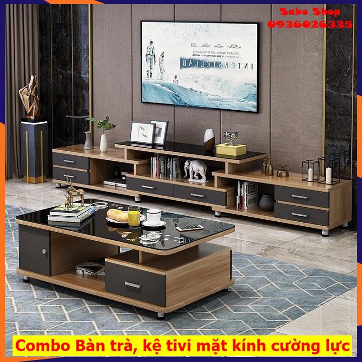 Bàn Trà Sofa Bằng Gỗ MDF, Mặt Kính Cường Lực, 2 tầng, có ngăn kéo chứa đồ