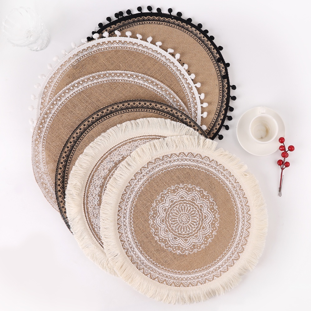 Tấm lót bàn ăn hình tròn bằng vải lanh chống trượt có thể giặt được