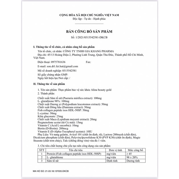 ALINA BEAUTY GOLD - mờ nám, điều chỉnh nội tiết giảm khô hạn