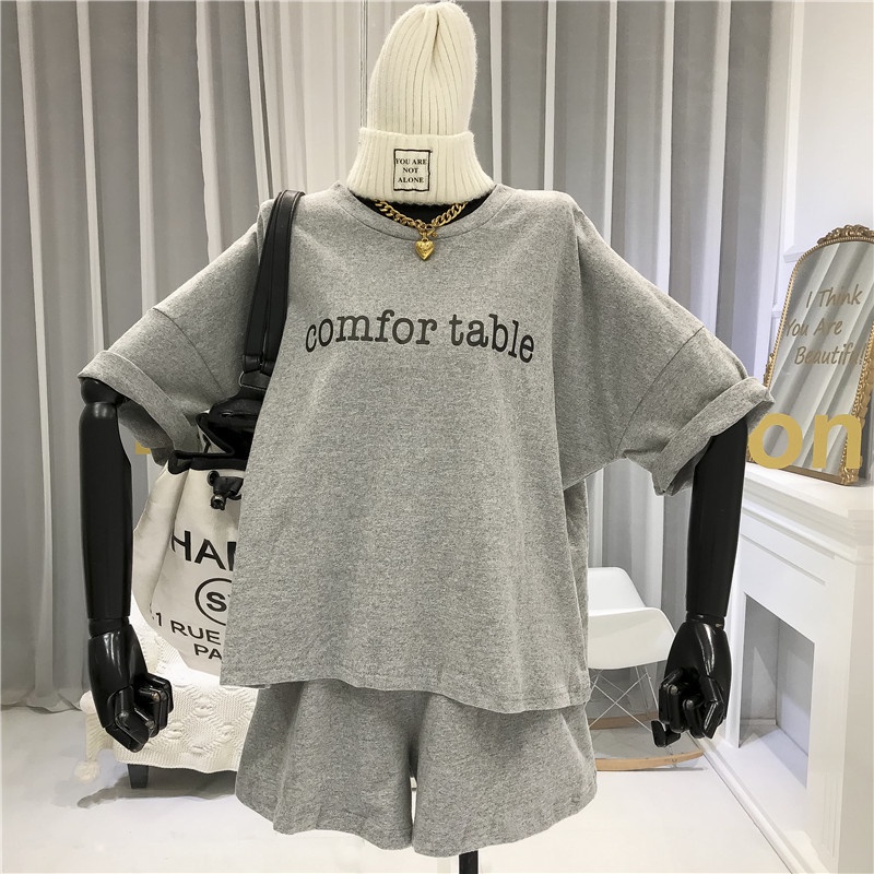 SUXI Set áo thun tay ngắn cổ tròn + quần ngắn dây rút thiết kế mới thời trang mùa hè cho nữ