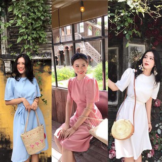 Đầm tay phồng cột eo