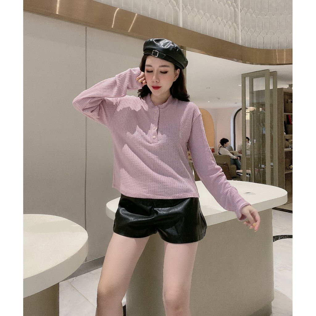 áo nữ cổ trụ đính 5 khuy dài tay nhiều màu vải tăm vuông xinh xắn