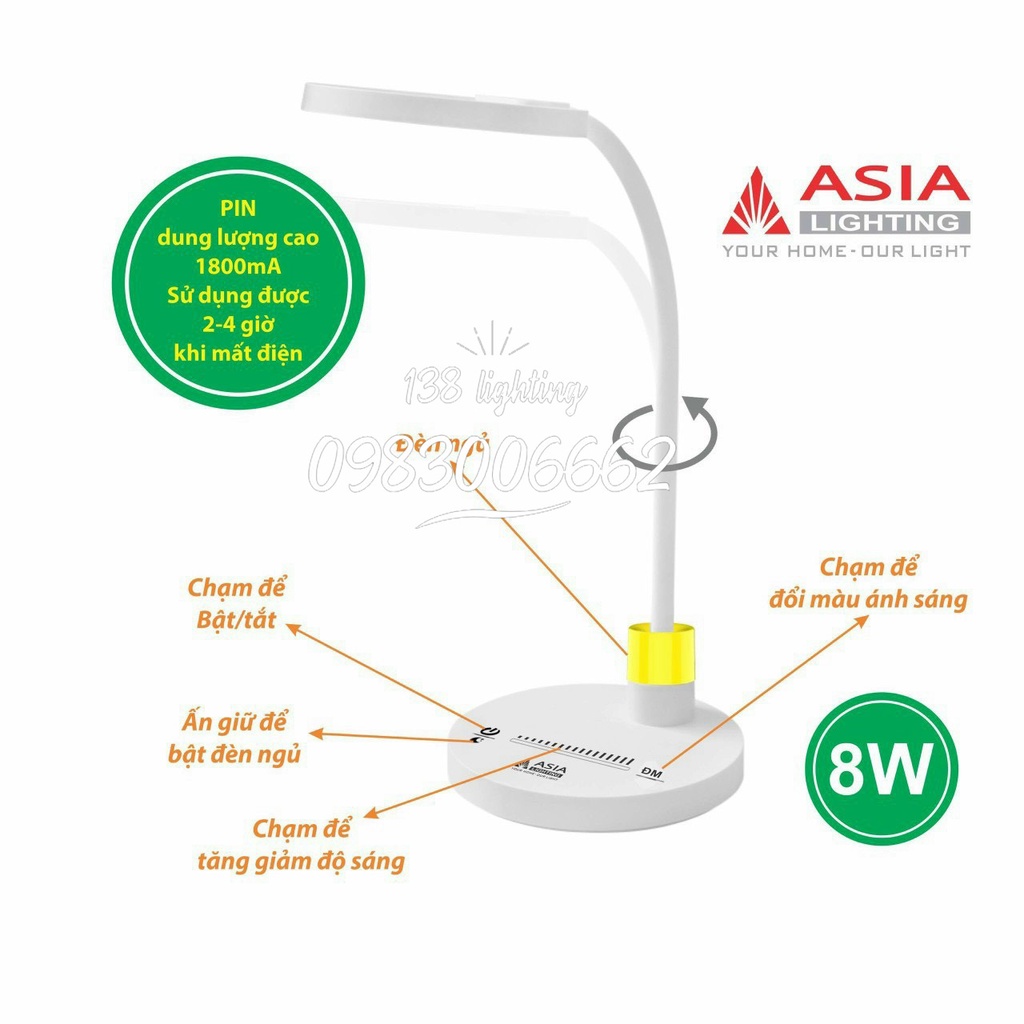 Đèn bàn học 5 in 1 Asia chống cận, có Pin dự phòng ,cảm ứng ánh sáng đổi màu model:DN05-T
