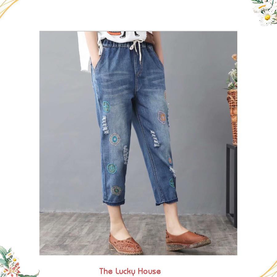 Quần bò thêu hoa dáng baggy loại 1 QB07