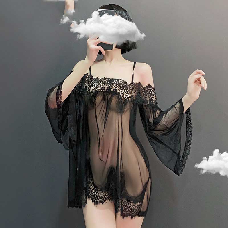 Đồ ngủ nữ sexy váy choàng hai dây đen xuyên thấu gợi cảm 1818 | BigBuy360 - bigbuy360.vn