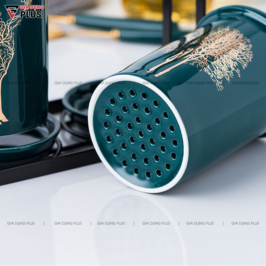 Hộp đựng đũa sứ, thìa, muỗng sứ dán tường &amp; đặt bàn - màu xanh ngọc lục bảo (xanh cổ vịt)