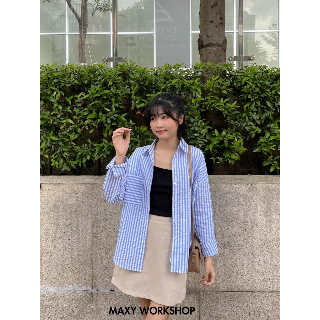 Áo sơ mi nữ tay dài sọc xanh trắng dáng rộng blue ocean shirt