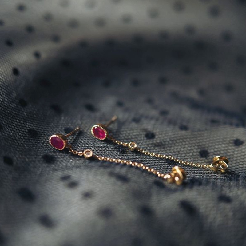 Khuyên Tai Bạc Đính Đá Ruby Phong Cách Retro Sang Trọng Đơn Giản